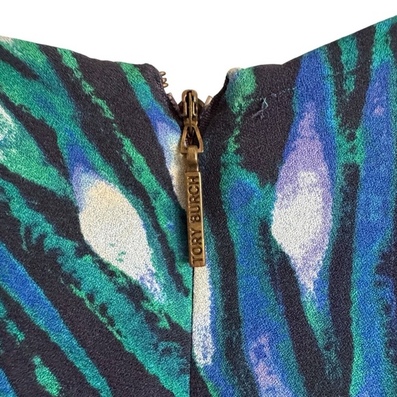 Tory Burch Silk Blue & Green Peacock Patterned Dress, Size 4 - Picture 7 of 8